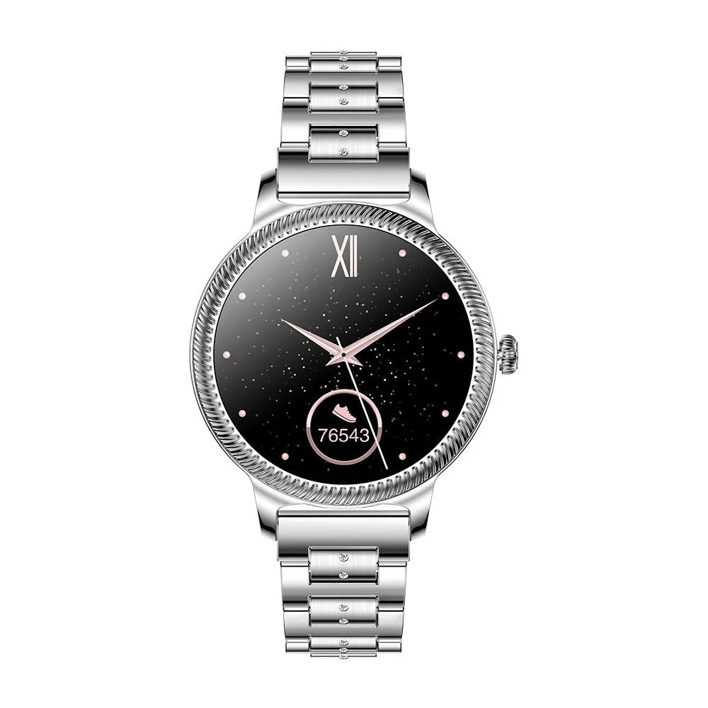 AK38 ladies smart watch with stainless steel band and 1.09-inch TFT display