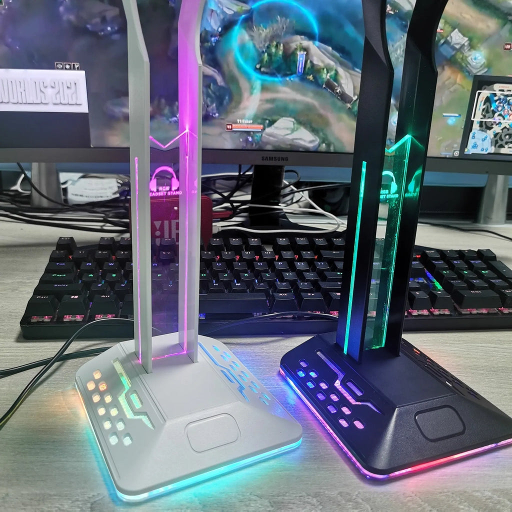 RGB headphone bracket with colour-changing LED lights and dual USB ports displaying headphones