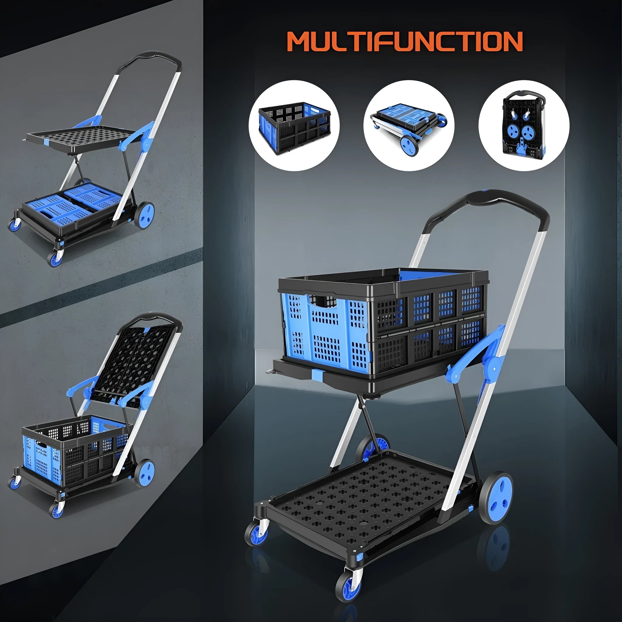 Foldable plastic shopping cart with dual-layer basket in blue colour