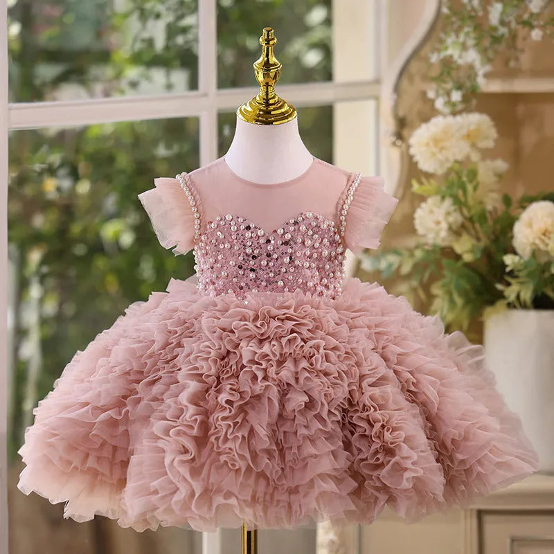 Girls summer princess pettiskirt in bean pink with layered tutu skirt for weddings and parties