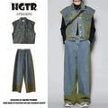Blue distressed denim vest and jeans two-piece set with spray colour gradient finish and fleece lining