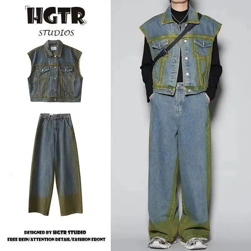 Blue distressed denim vest and jeans two-piece set with spray colour gradient finish and fleece lining