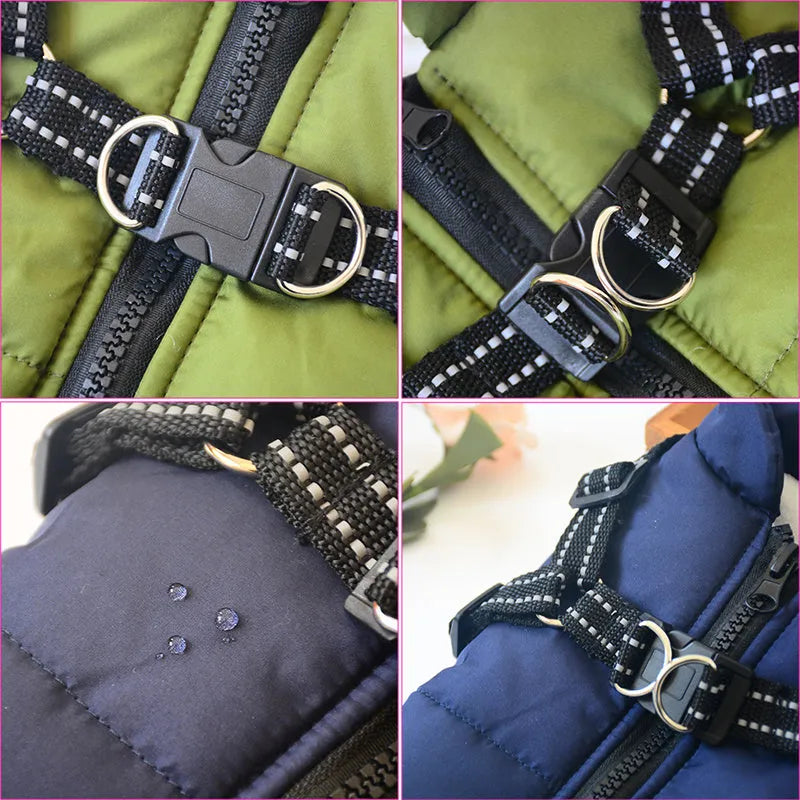 Red waterproof dog coat with harness attachment for a large breed dog in winter.