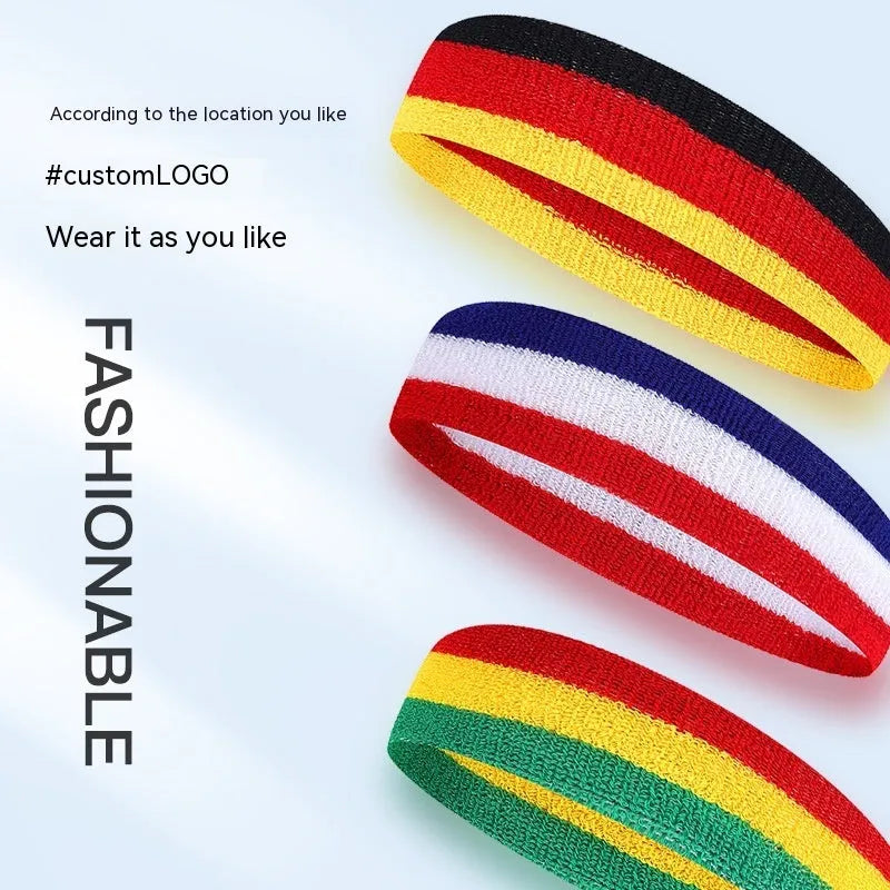 Colourful elastic sports headband for running and basketball, shown in red yellow and blue colour option.