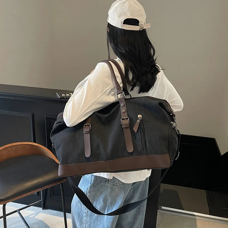 Canvas travel shoulder bag for men and women solid colour black leisure crossbody breathable bag