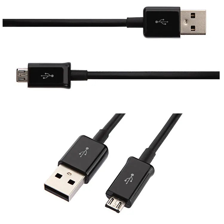 Black and white Android micro USB data and charging cable, 1 metre long with PVC insulation.