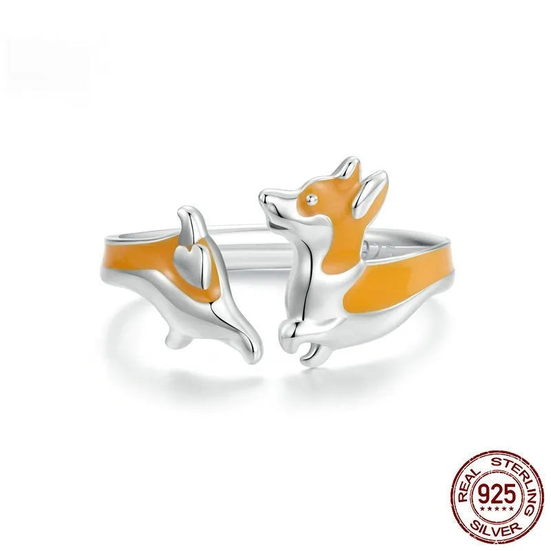 Silver coloured corgi dog cartoon ring for women with electroplated finish