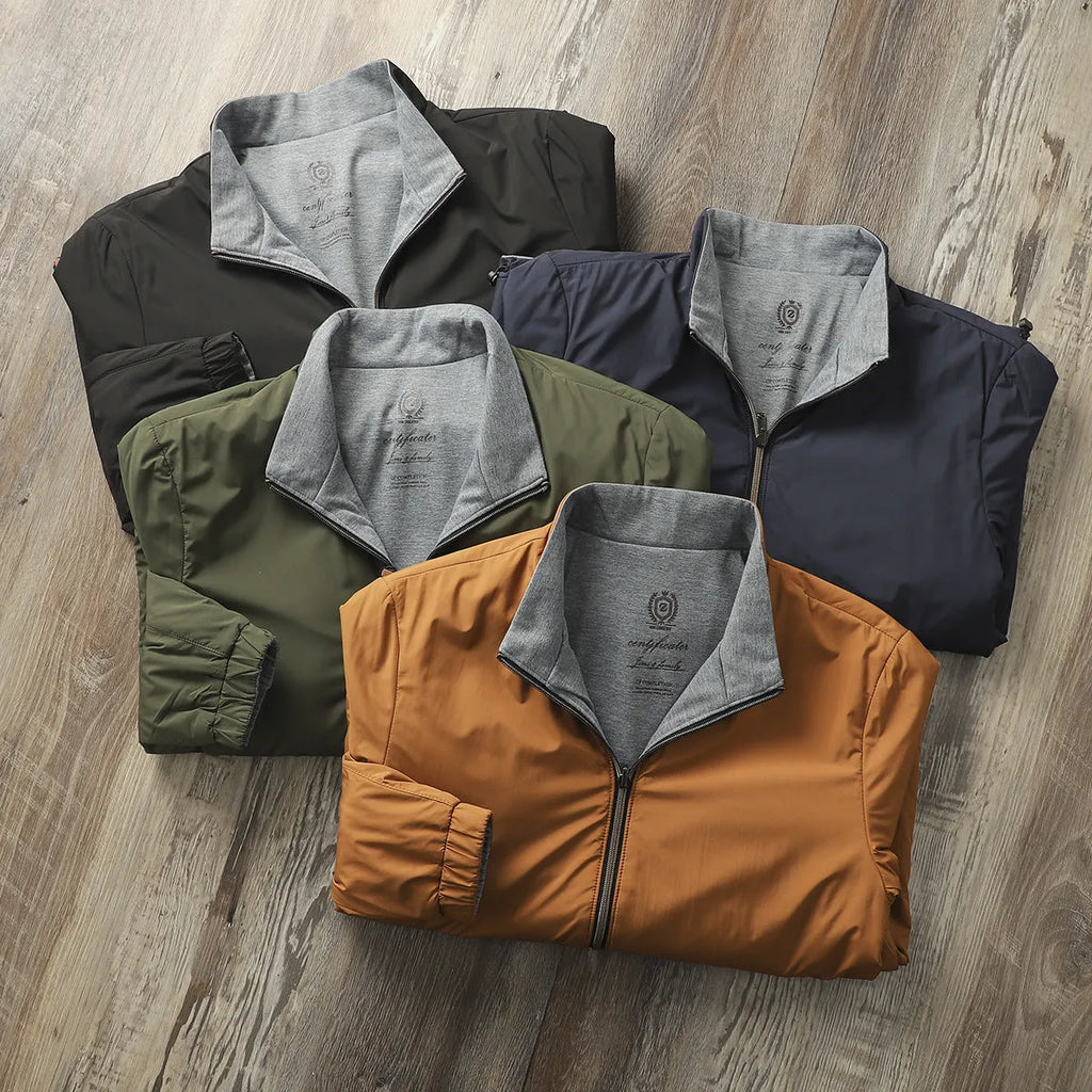 Men's stand collar casual jacket in Army Green, showing simple design and regular fit.