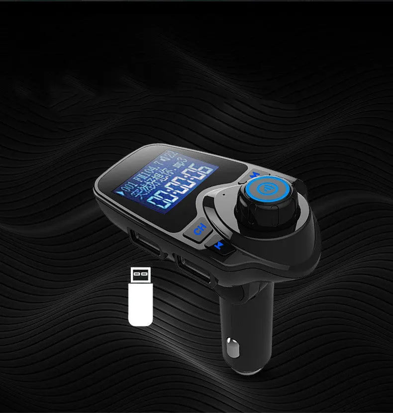 Black car Bluetooth hands-free FM transmitter with USB port and TF card slot for music playback