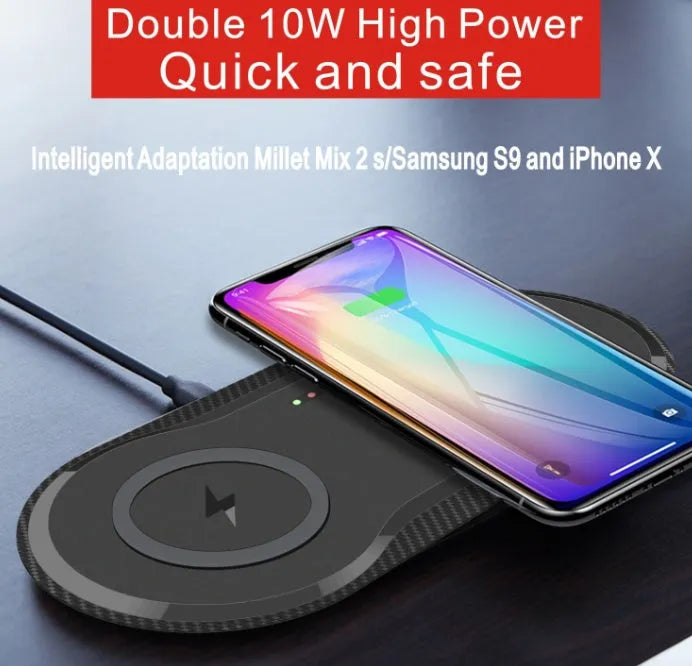 Dual wireless charging pad showing two phone charging positions with black or white colour options