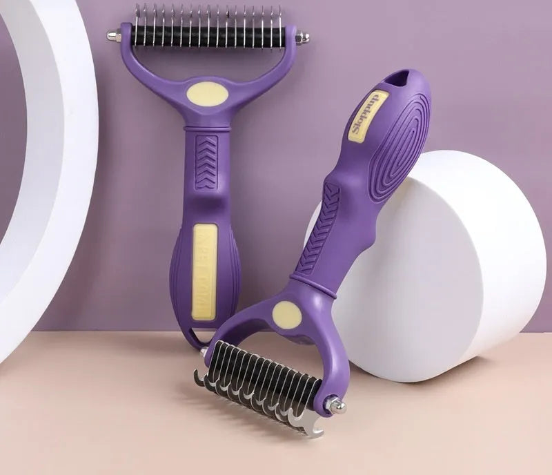 Purple double-sided plastic pet comb for untying knots in dog and cat fur