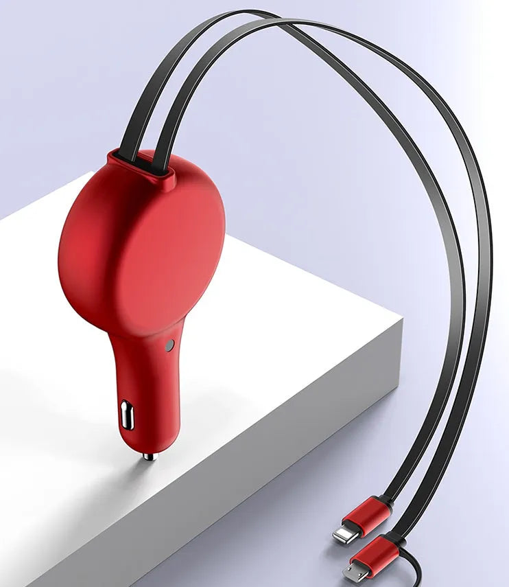 Black retractable car charger with extended cables plugged into a car socket
