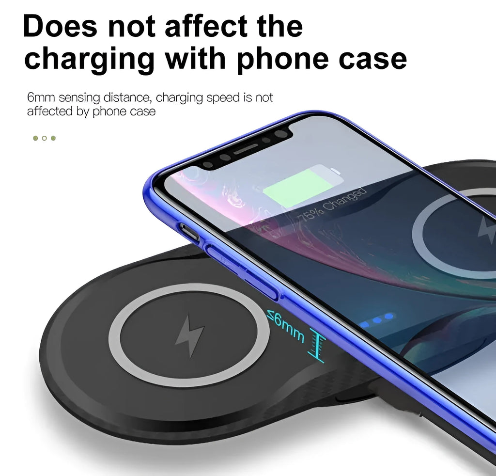 Dual wireless charging pad showing two phone charging positions with black or white colour options