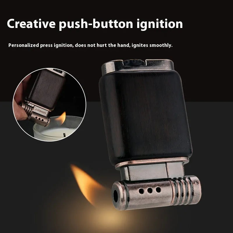 Decorative metal gas lighter with detailed Black Wood and Rosewood finish designs.