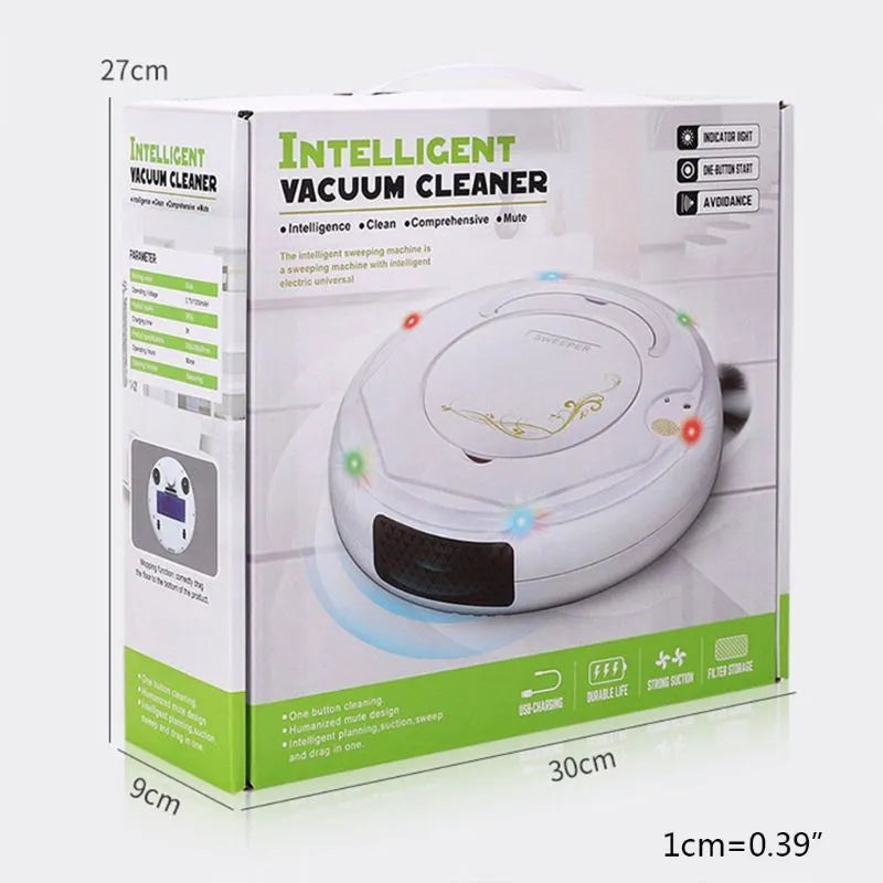 Lazy Smart robot vacuum cleaner in blue, black, or white on a hard floor