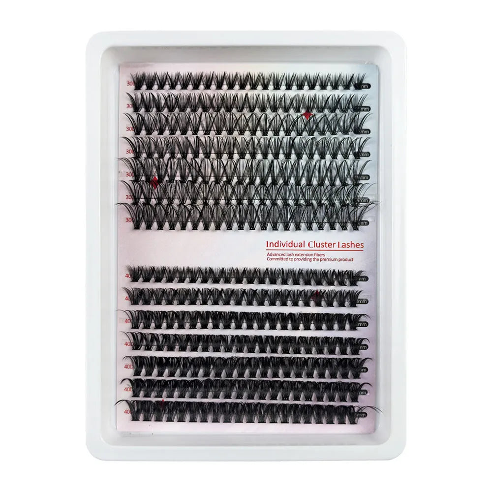 Box of messy mixed false eyelashes showing varied lash densities and high imitation material texture.