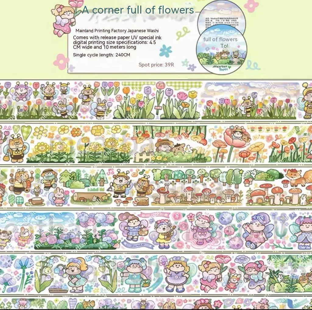Sheet of cute cartoon character stickers on Japanese paper for haemorrhoid tape packaging.