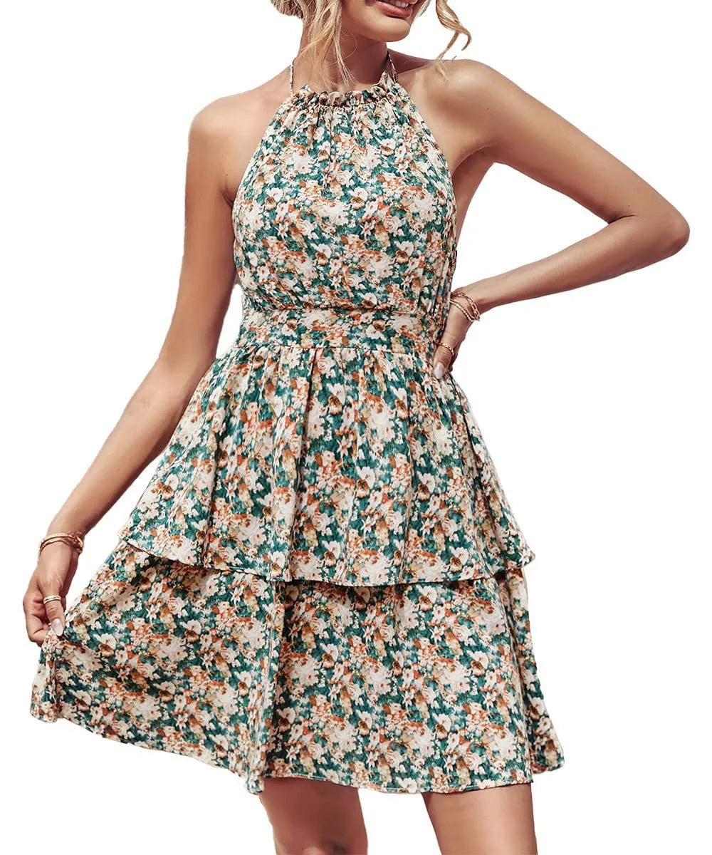Women's backless boho halter dress with A-line silhouette and ruffle detailing in summer print