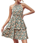 Women's backless boho halter dress with A-line silhouette and ruffle detailing in summer print