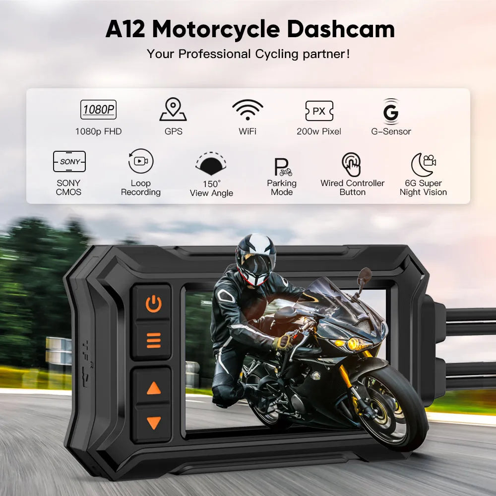 Motorcycle dash cam with dual lenses showing front and rear recording capability with GPS module