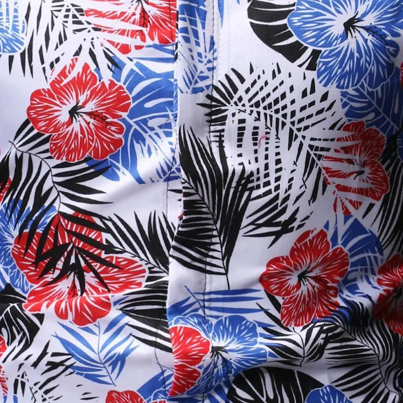 Men's summer floral shirt with square collar short sleeves in blue polyester on white background