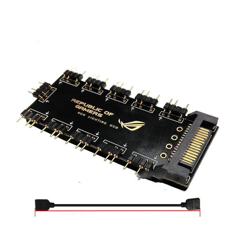 AURA RGB One Point Ten 5V SATA power hub in black with ten ports and cable