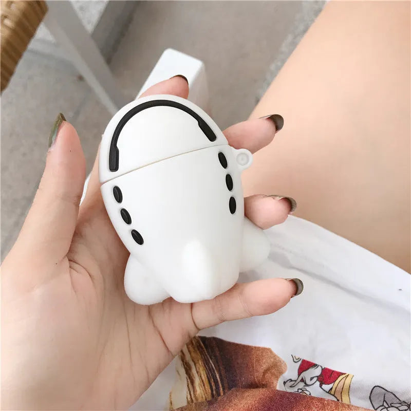 Silicone protective case with hook for AirPods featuring cartoon aeroplane headset design