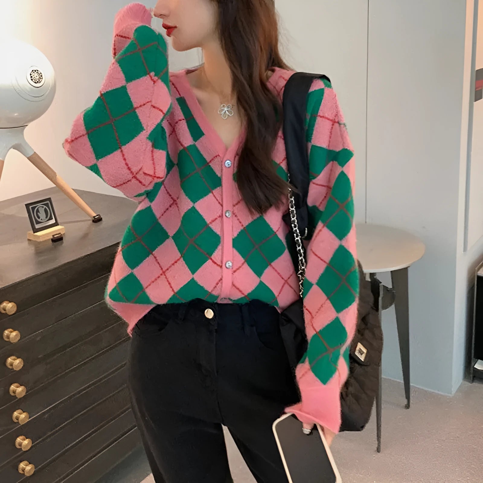 Acrylic knitted cardigan in macaron colours with regular sleeves and Japanese Korean casual styling