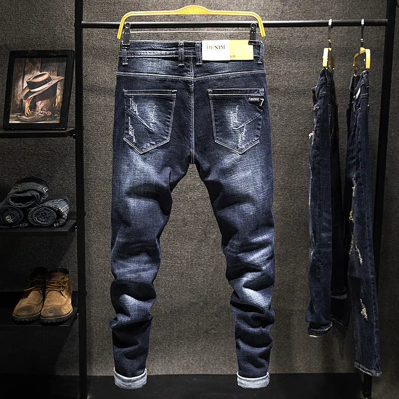 Men's slim-fitting skinny jeans in dark blue and light blue denim with micro elasticity