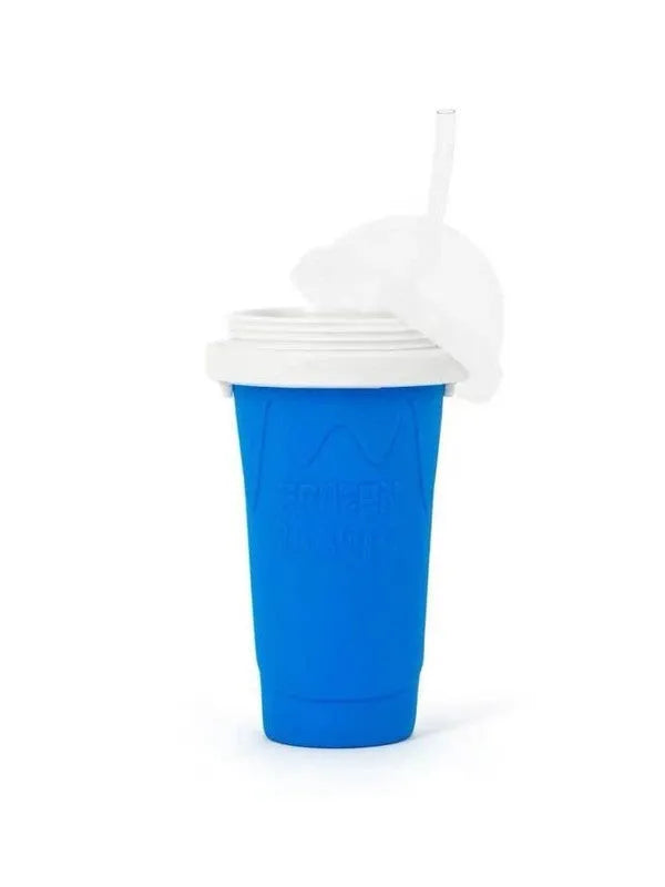 Blue silicone freeze cup with pinch design for chilling smoothies, showing double-layer construction and built-in coolant.