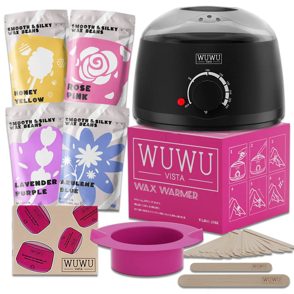 27-piece hypoallergenic hair removal wax kit with heating machine, four coloured wax beads, and applicator sticks.