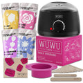 27-piece hypoallergenic hair removal wax kit with heating machine, four coloured wax beads, and applicator sticks.