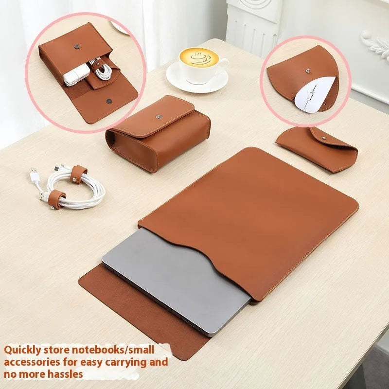 Four-piece imitation leather lock edge protective cover set for MacBook laptops in brown, grey, apricot, and light pink colours
