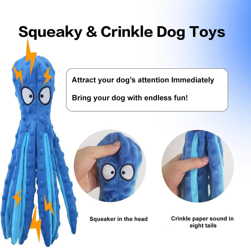 Blue octopus-shaped dog toy with crinkle sound features measuring 32cm long
