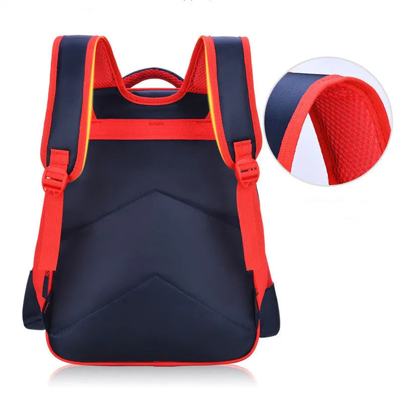 Blue children's cartoon print school backpack with pencil case, shown with dimensions 30cm by 14cm by 42cm.