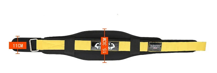 Black nylon fitness weightlifting belt on a gym floor, showing adjustable buckle and supportive width.