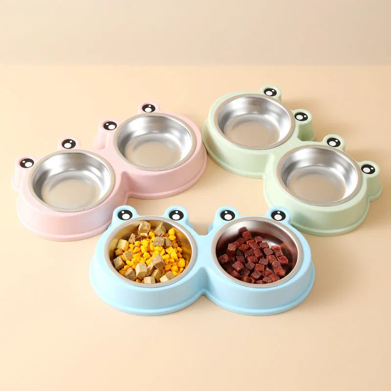 Stainless steel pet bowl with double compartments and frog pattern design for dogs and cats