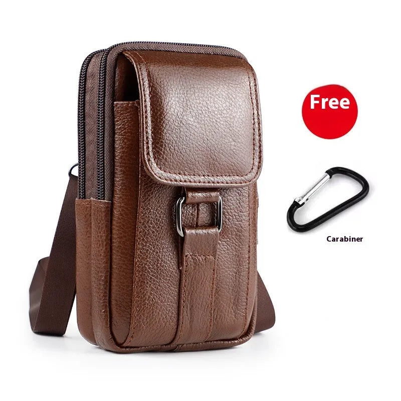 Men's black genuine leather waist bag with square shape, lock, and crossbody strap