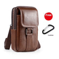 Men's black genuine leather waist bag with square shape, lock, and crossbody strap