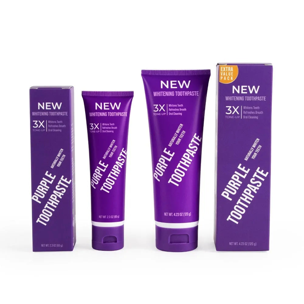Purple whitening toothpaste tube with 120g net content for adult yellow stain removal