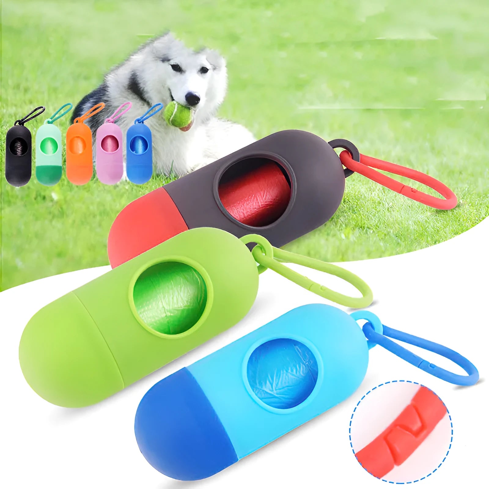 A small, square black plastic dog poop bag holder with a metal hook and Velcro strap.