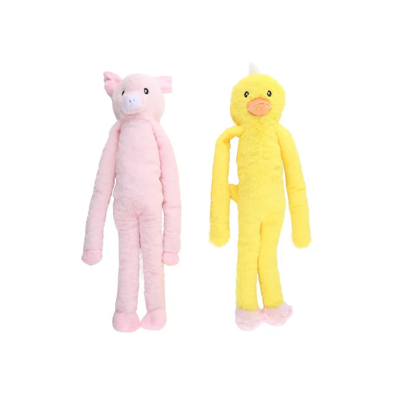Large pink and yellow plush dog toy with sounding rattle, crinkle paper and chewing texture features