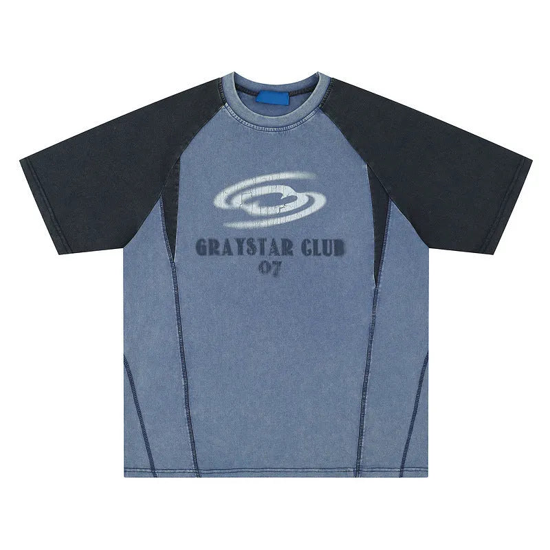 Men's blue hip hop letter print T-shirt with raglan sleeves, laid flat.