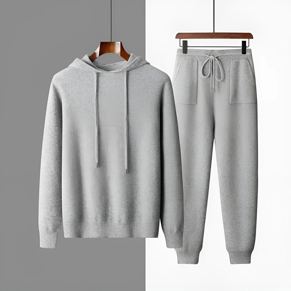 Men's dark grey cashmere hooded knitted sweatshirt with matching long pants winter leisure set