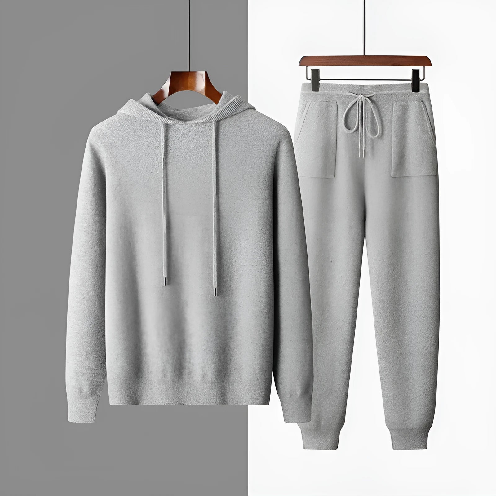 Men's dark grey cashmere hooded knitted sweatshirt with matching long pants winter leisure set