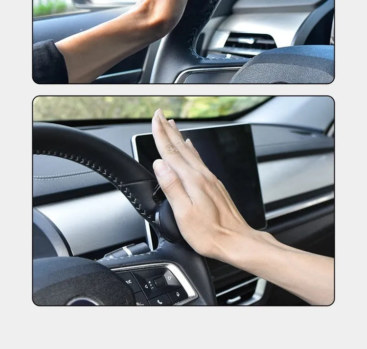 Black and blue silicone steering wheel assist ball showing 9cm by 6cm dimensions