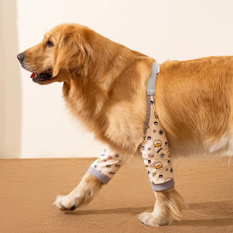 Blue dog knee protector pad with extra-thick elbow padding and adjustable buckle, shown with matching scarf accessory
