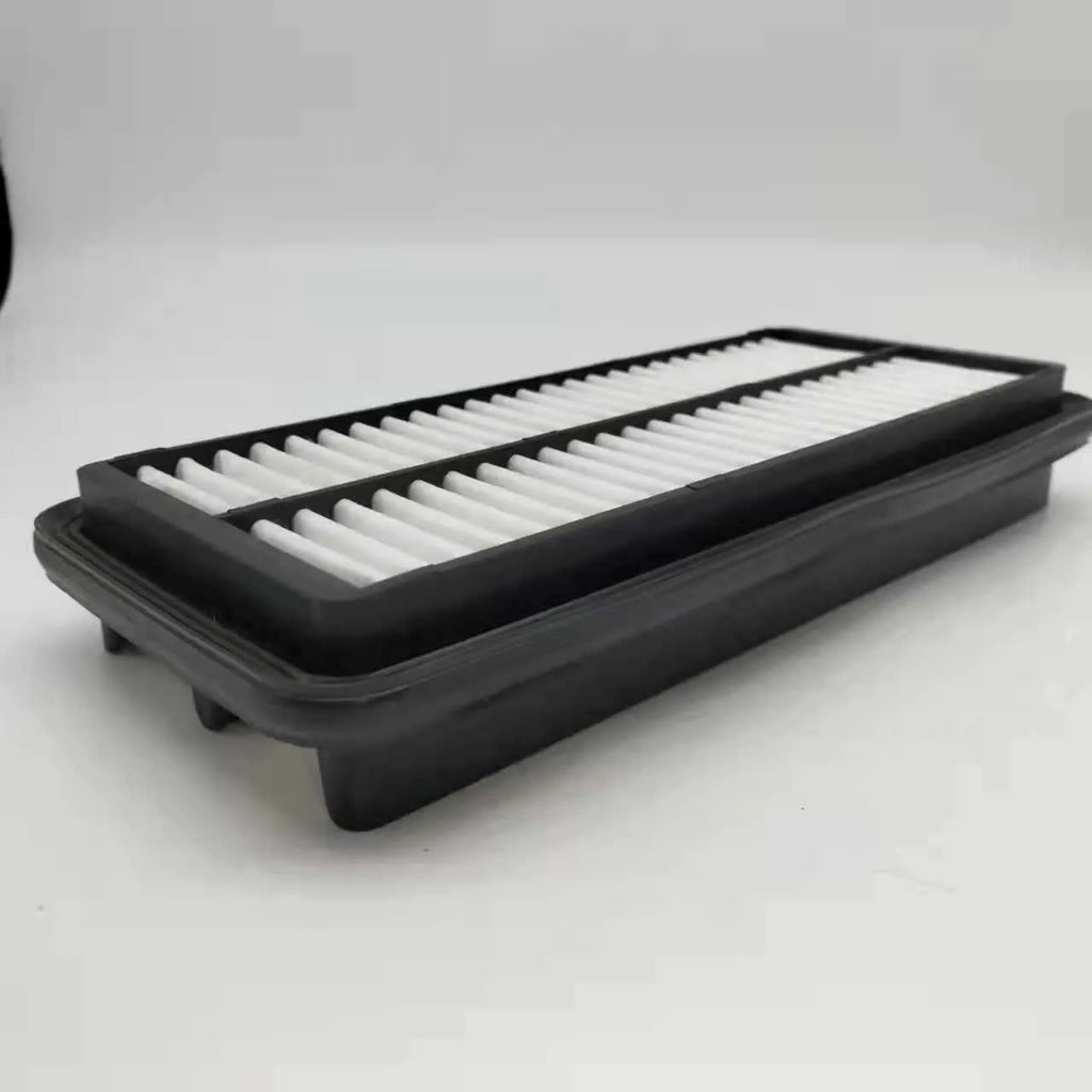 Black rectangular car air filter measuring 256mm by 113mm by 40mm for modern vehicles