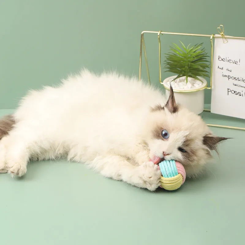 Four handmade plush cotton ball cat toys in blue powder, green blue, and pink green colours for teeth grinding play
