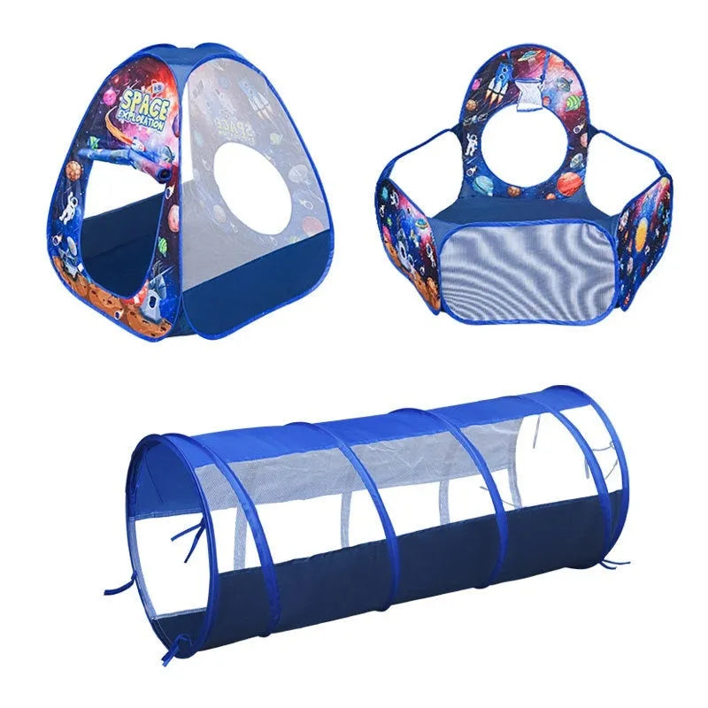 Underwater World themed children's cloth tent with integrated ball pool and crawl tunnel.